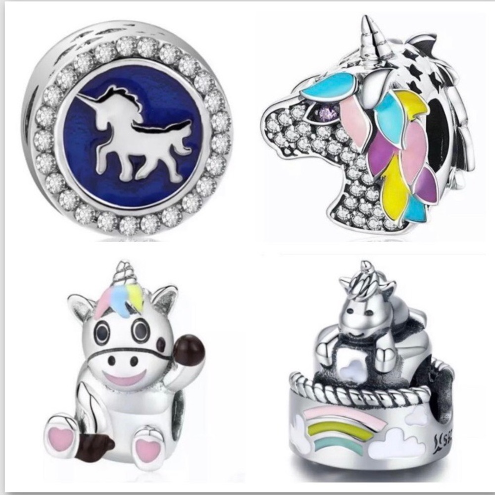 4 Pieces Silver Crystal Unicorn Charm Collection Bundle Set